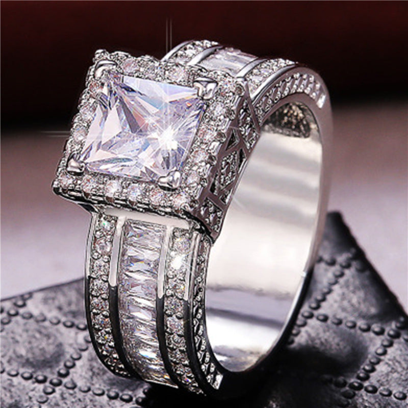Unisex Cubic Zirconia Ring Square White Gold Plated