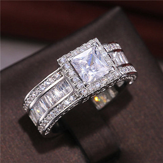 Unisex Cubic Zirconia Ring Square White Gold Plated