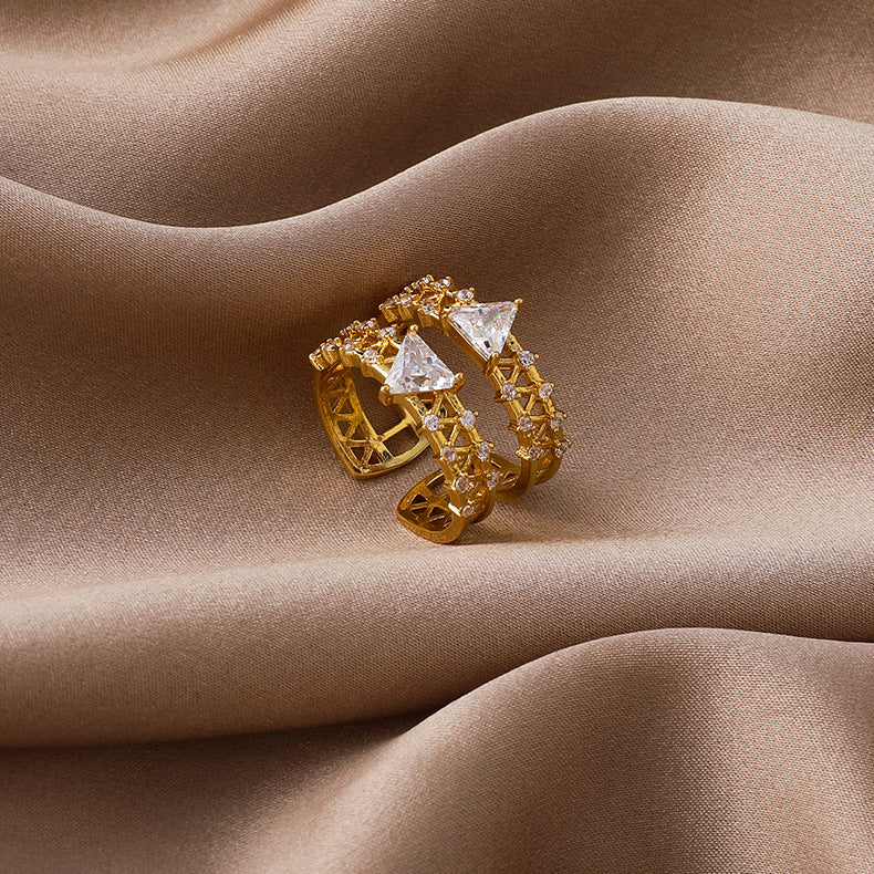 Gemstone Zircon Ring Triangle Double Index Finger Ring Women