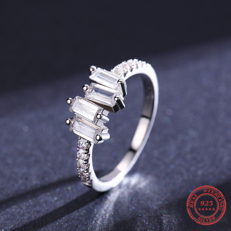 Geometric Sterling Silver Ring For Women Inlaid Gems Electroplated European Inspired Style Elegant Design Tone