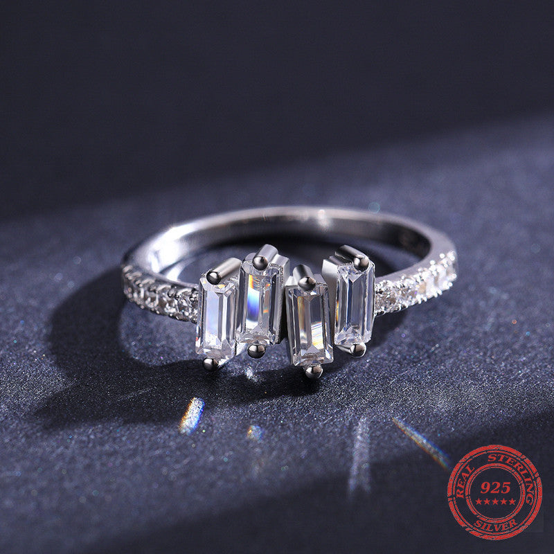 Geometric Sterling Silver Ring For Women Inlaid Gems Electroplated European Inspired Style Elegant Design Tone