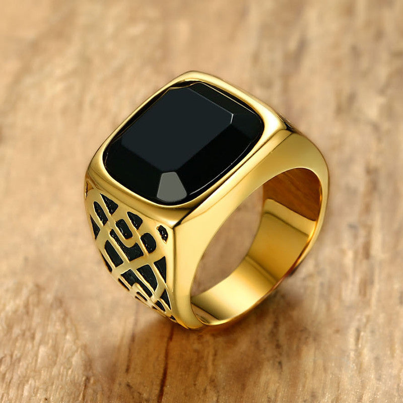 Men's Stainless Steel Ring with Black Agate Stone Geometric Casting Ring Band Europe and America Ring Jewelry