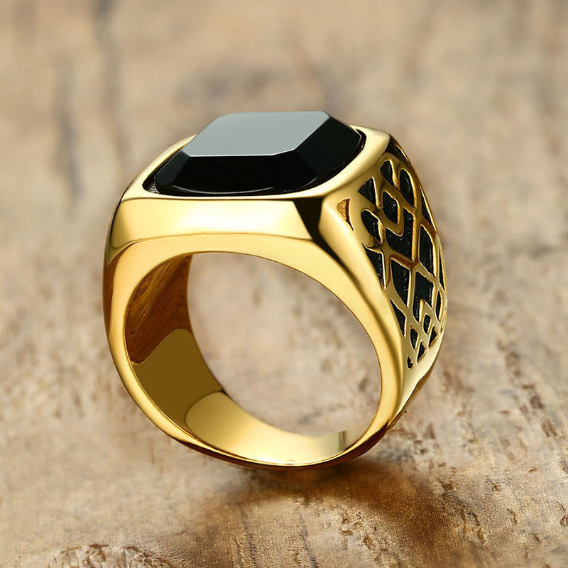 Men's Stainless Steel Ring with Black Agate Stone Geometric Casting Ring Band Europe and America Ring Jewelry