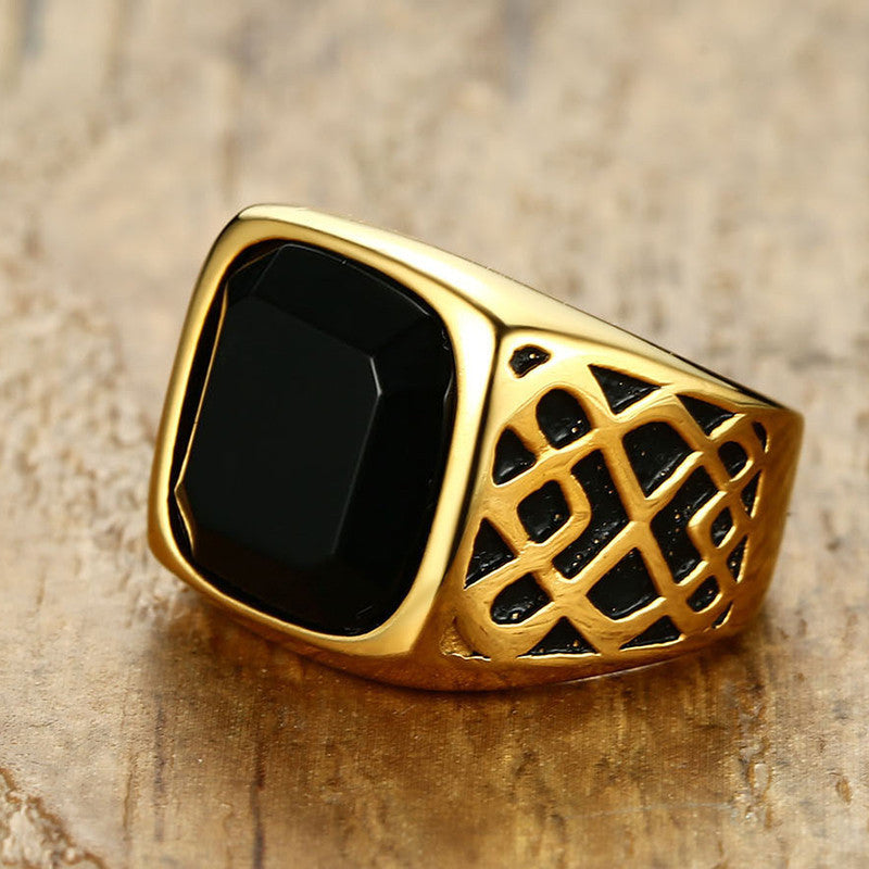 Men's Stainless Steel Ring with Black Agate Stone Geometric Casting Ring Band Europe and America Ring Jewelry