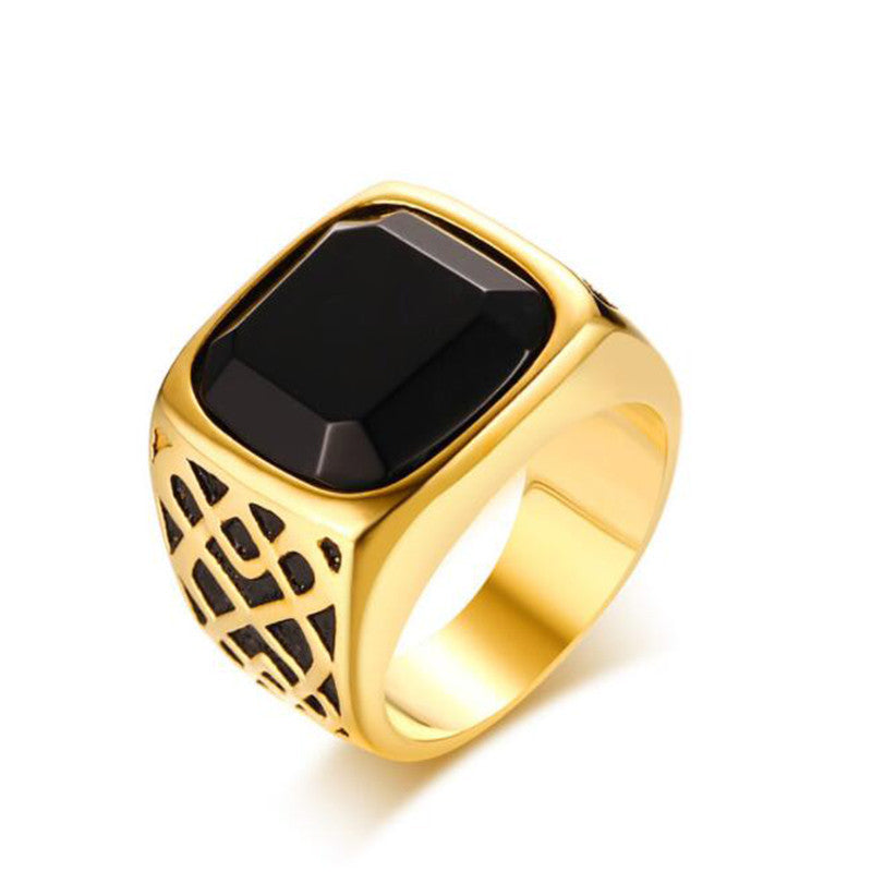 Men's Stainless Steel Ring with Black Agate Stone Geometric Casting Ring Band Europe and America Ring Jewelry