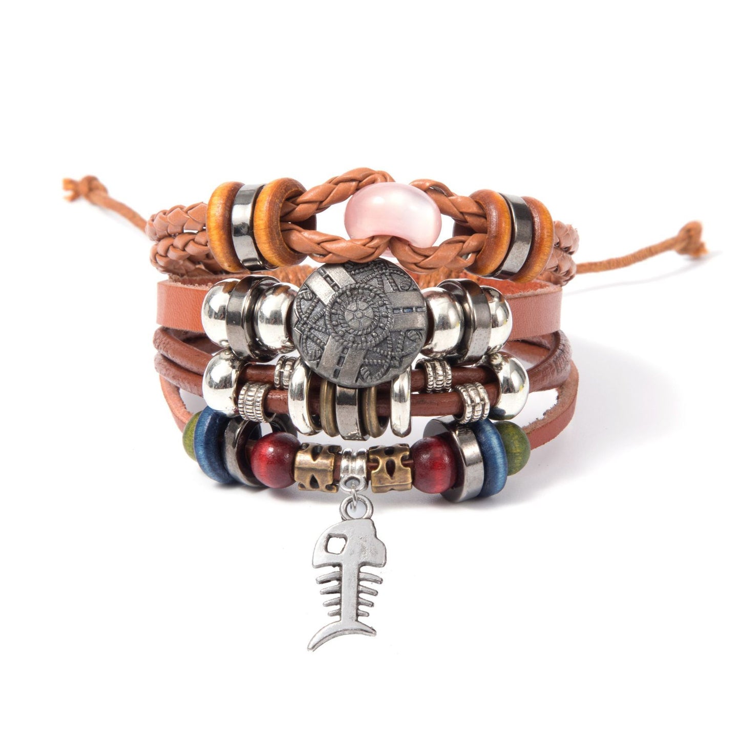 Mens Woven Leather Bracelet With Wooden Beads Plain Jewelry Gift For Him Individually Packed Wristband For Men