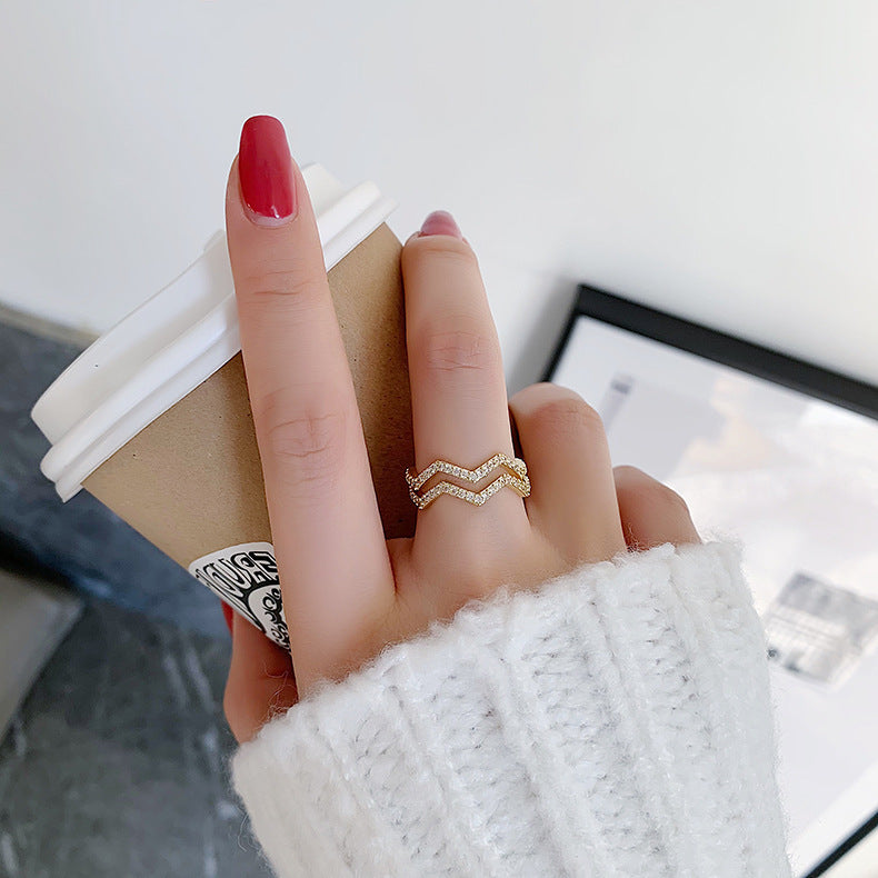 Niche Double Layer Wave Index Finger Ring Copper Korea Style Women Inlaid Gems Semi Precious Stones Aura Charm
