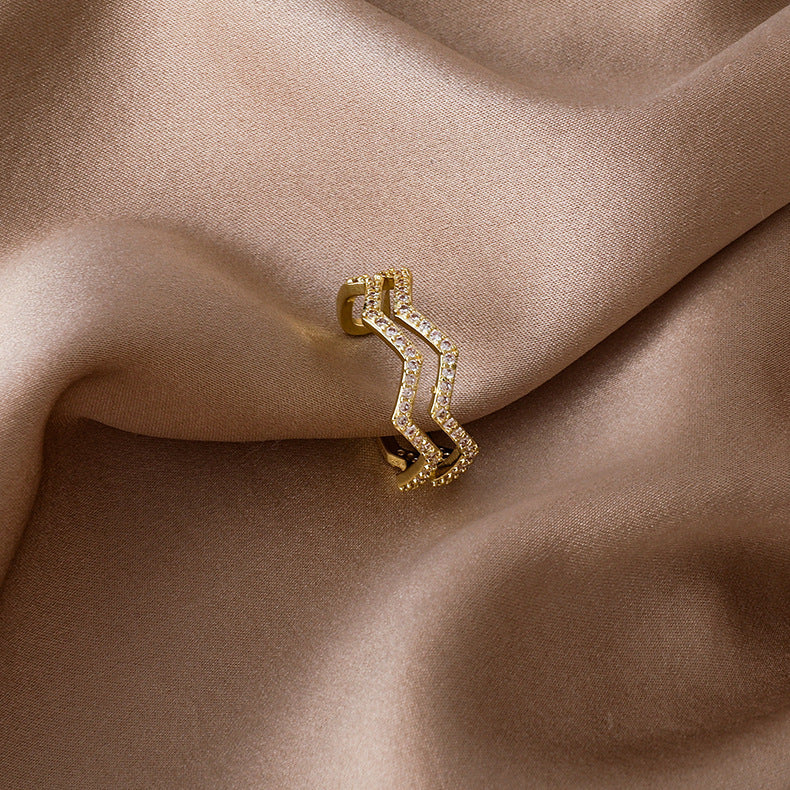 Niche Double Layer Wave Index Finger Ring Copper Korea Style Women Inlaid Gems Semi Precious Stones Aura Charm