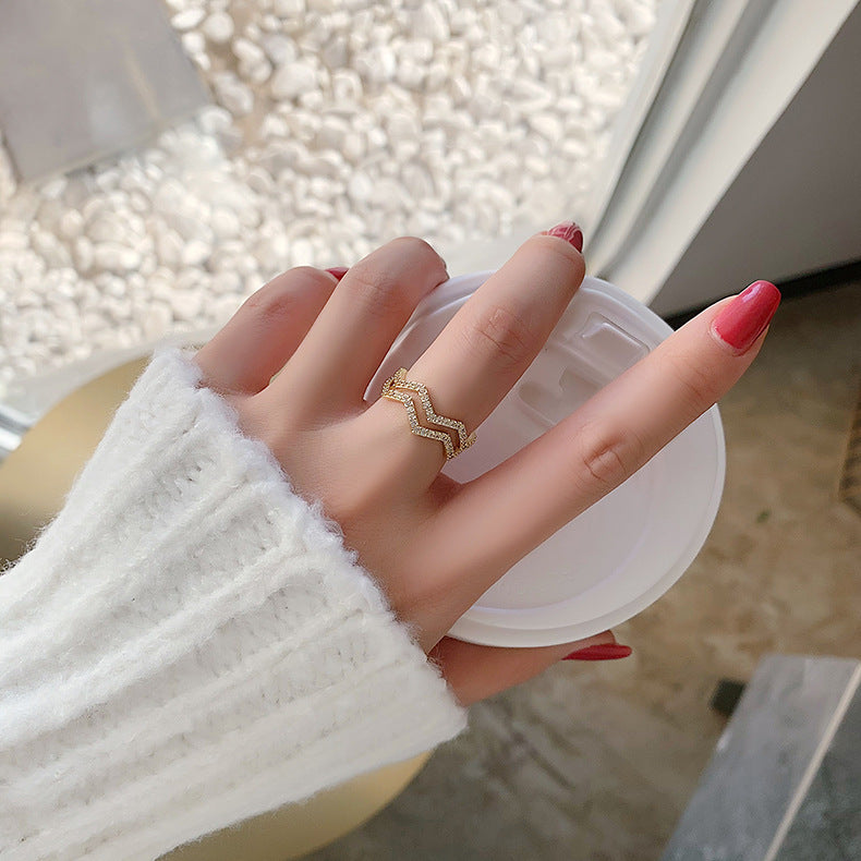 Niche Double Layer Wave Index Finger Ring Copper Korea Style Women Inlaid Gems Semi Precious Stones Aura Charm