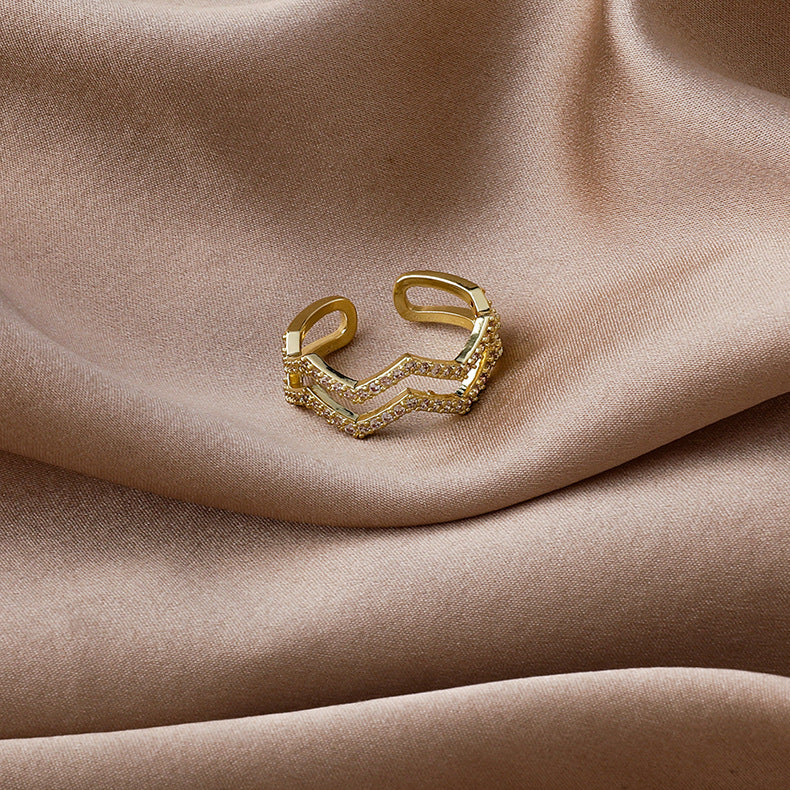 Niche Double Layer Wave Index Finger Ring Copper Korea Style Women Inlaid Gems Semi Precious Stones Aura Charm