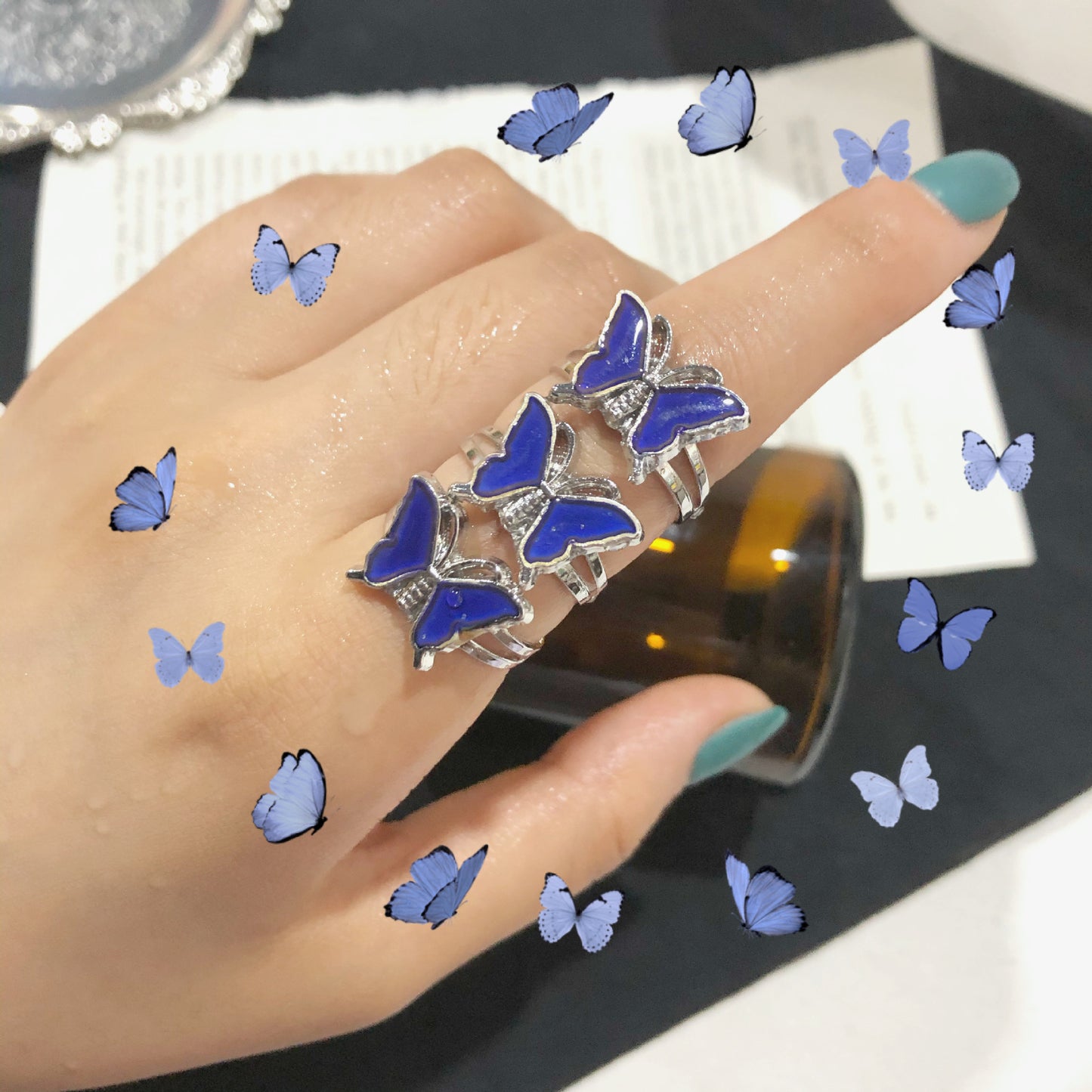 Womens Butterfly Mood Ring Adjustable Electroplated Metal Alloy Fashion Jewelry Color Shift Band with Butterfly