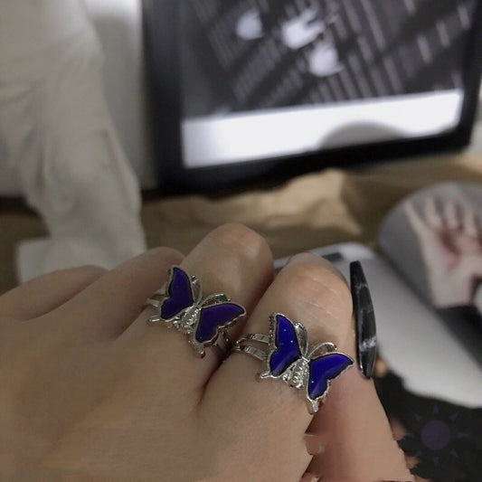 Womens Butterfly Mood Ring Adjustable Electroplated Metal Alloy Fashion Jewelry Color Shift Band with Butterfly