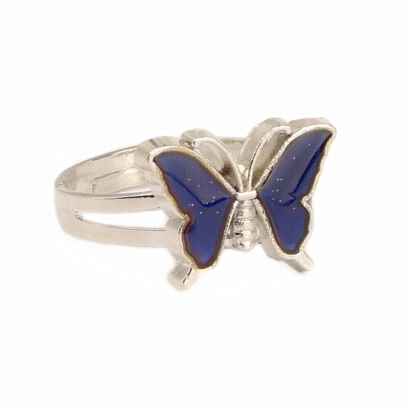 Womens Butterfly Mood Ring Adjustable Electroplated Metal Alloy Fashion Jewelry Color Shift Band with Butterfly