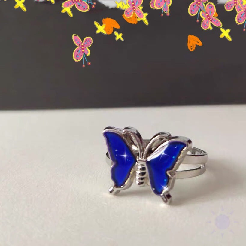 Womens Butterfly Mood Ring Adjustable Electroplated Metal Alloy Fashion Jewelry Color Shift Band with Butterfly