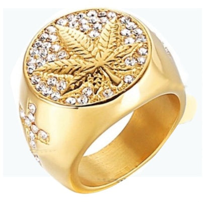 Mens Hip Hop Golden Maple Leaf Cross Ring Micro Inlaid Zircon Copper Electroplated Fashion Jewelry Accessory