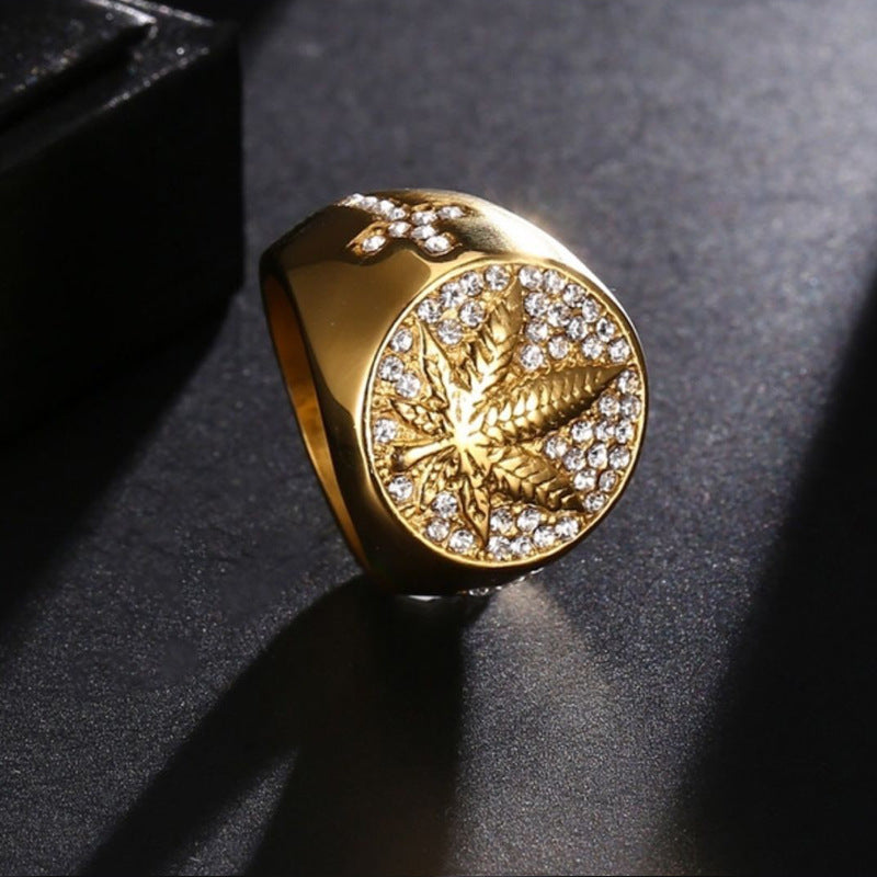Mens Hip Hop Golden Maple Leaf Cross Ring Micro Inlaid Zircon Copper Electroplated Fashion Jewelry Accessory