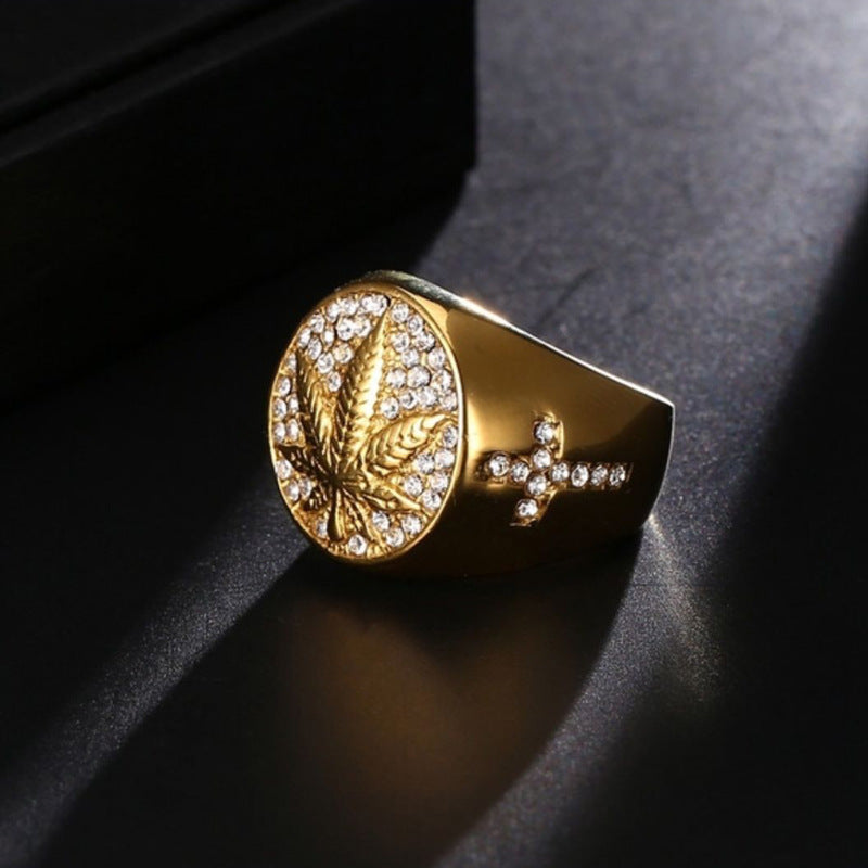 Mens Hip Hop Golden Maple Leaf Cross Ring Micro Inlaid Zircon Copper Electroplated Fashion Jewelry Accessory