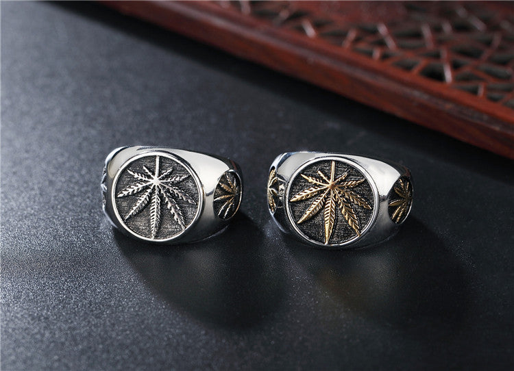 Men's Titanium Steel Ring European American Hip Hop Reggae Hemp Leaf Design Retro Jewelry Personalized Band Statement Ring Fashion Accessory Gift for Him