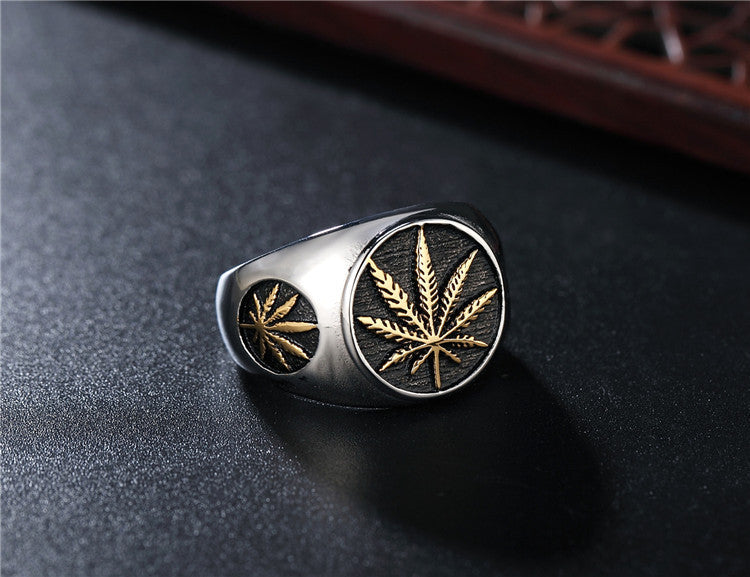 Men's Titanium Steel Ring European American Hip Hop Reggae Hemp Leaf Design Retro Jewelry Personalized Band Statement Ring Fashion Accessory Gift for Him