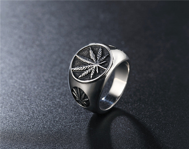 Men's Titanium Steel Ring European American Hip Hop Reggae Hemp Leaf Design Retro Jewelry Personalized Band Statement Ring Fashion Accessory Gift for Him