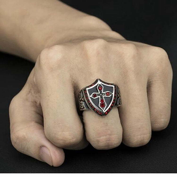 Mens Punk Ring With Red Diamond Cross Electroplated Alloy Unisex Fashion Jewelry For Men Durable Metal Ring Finish