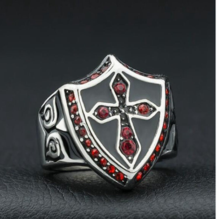 Mens Punk Ring With Red Diamond Cross Electroplated Alloy Unisex Fashion Jewelry For Men Durable Metal Ring Finish