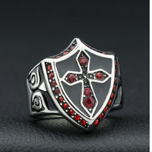Mens Punk Ring With Red Diamond Cross Electroplated Alloy Unisex Fashion Jewelry For Men Durable Metal Ring Finish
