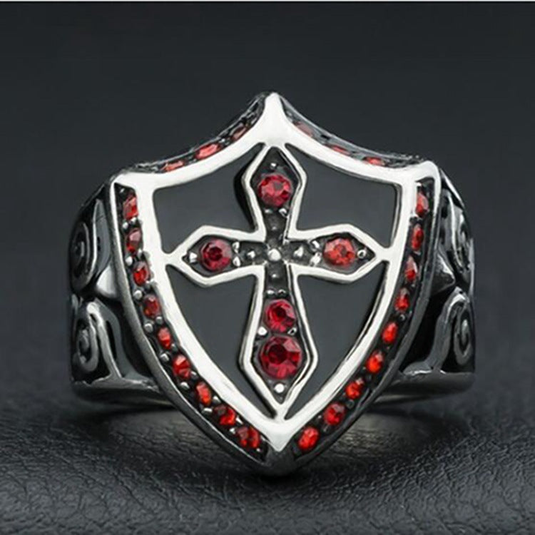 Mens Punk Ring With Red Diamond Cross Electroplated Alloy Unisex Fashion Jewelry For Men Durable Metal Ring Finish