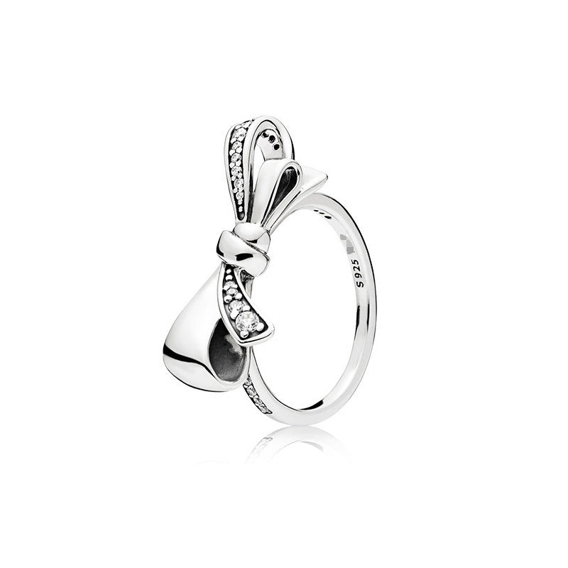 Sterling Silver Ring For Women Featuring Korean Geometry Wishing Bone Love Lock Gem Inlay On A Shiny Band Finish