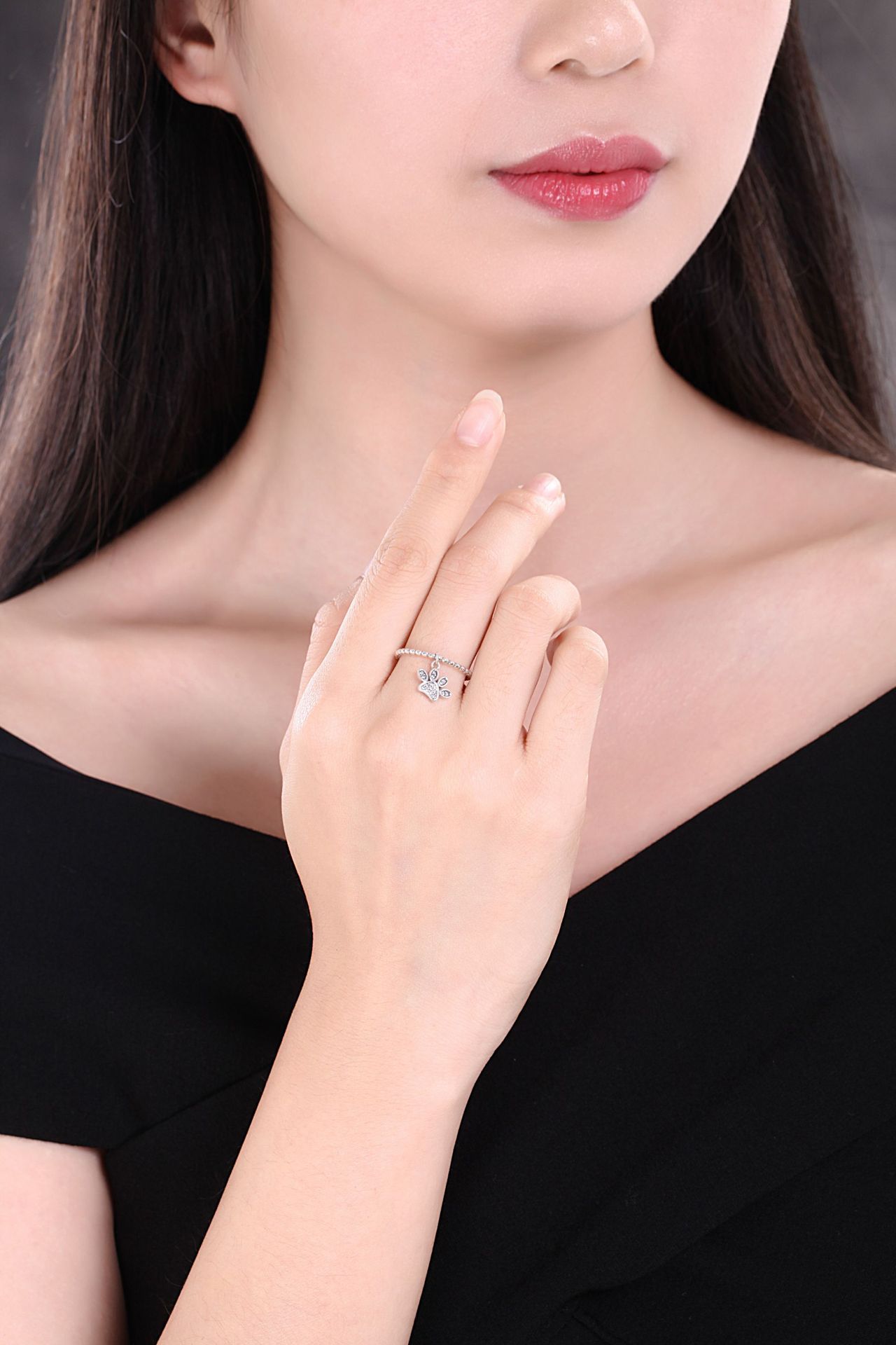 Womens Sterling Silver Cartoon Dog Ring With Footprint Design Oxidized Finish Zircon Inlay Perfect Gift For Her