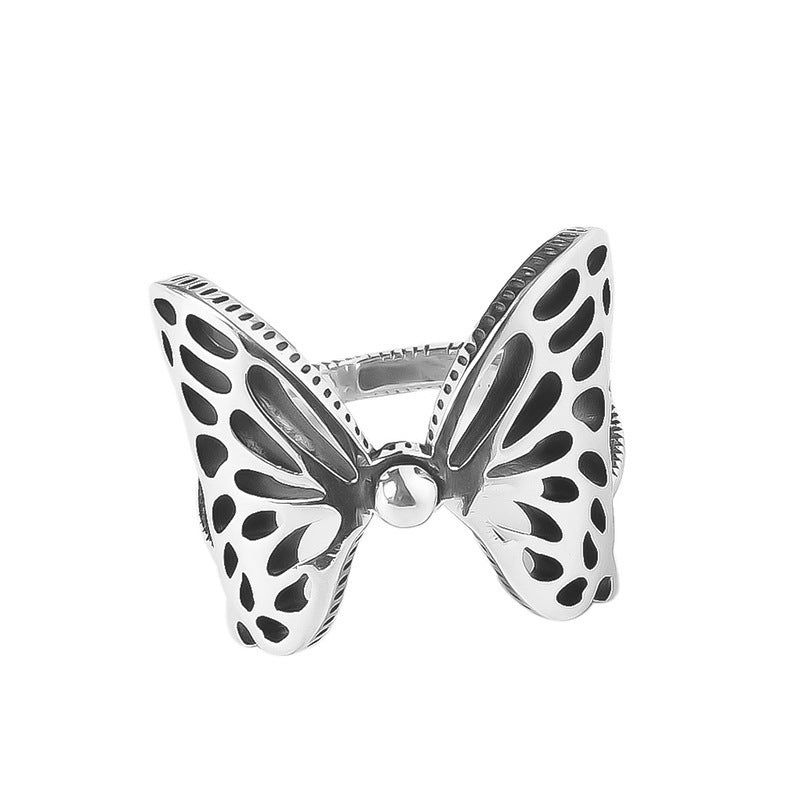 Womens Butterfly Ring Adjustable Open Ring Retro S925 Silver Statement Ring Exaggerated Fashion Jewelry Butterfly