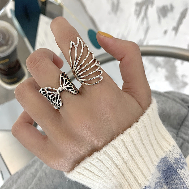Womens Butterfly Ring Adjustable Open Ring Retro S925 Silver Statement Ring Exaggerated Fashion Jewelry Butterfly