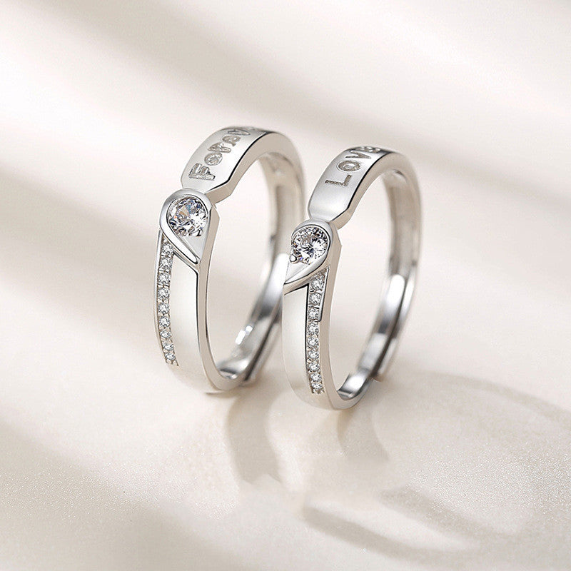 Couple Rings Sterling Silver Heart Shaped With Gem Inlays Adjustable Opening 925 Purity Romantic Holiday Rings