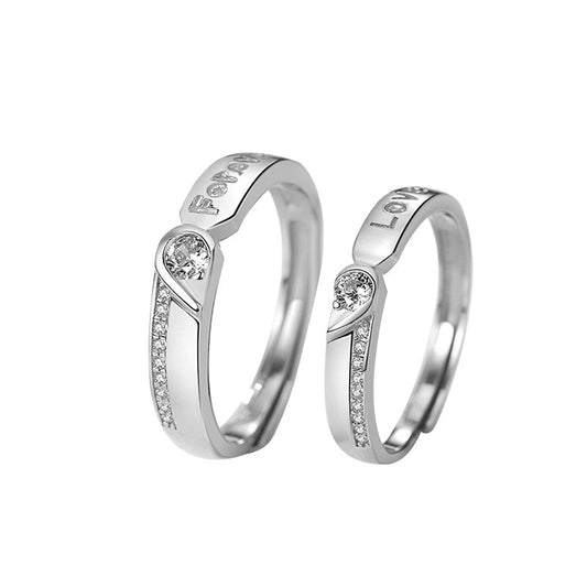 Couple Rings Sterling Silver Heart Shaped With Gem Inlays Adjustable Opening 925 Purity Romantic Holiday Rings