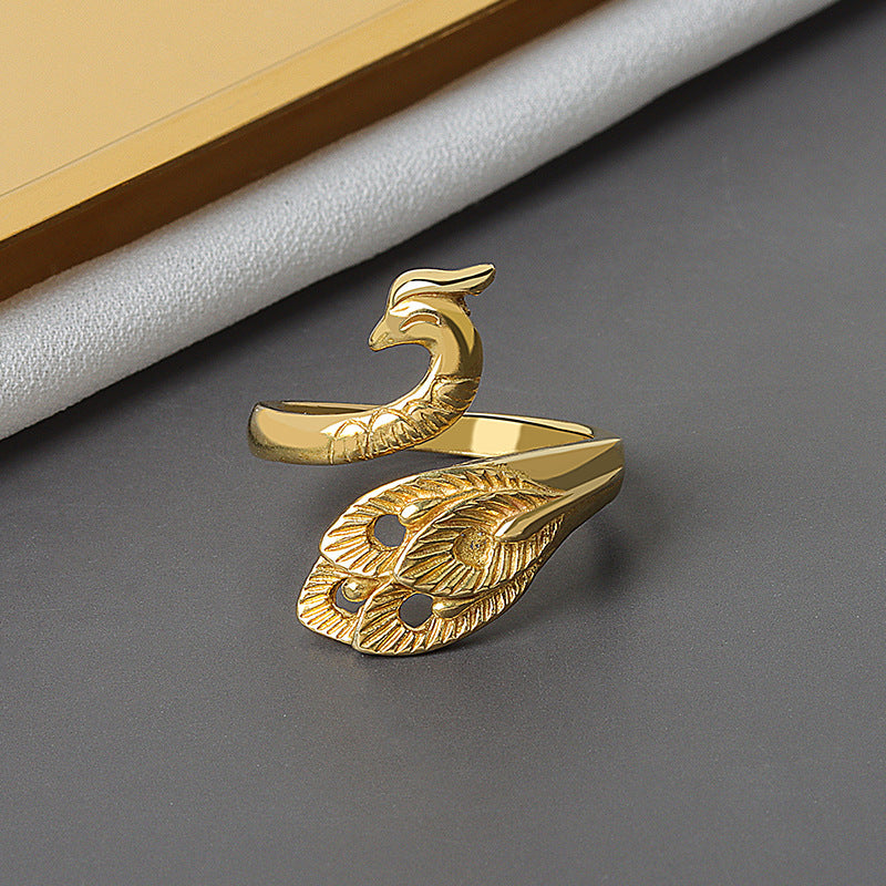 Womens Adjustable Copper Ring Peacock Inlaid Gem Electroplated Retro Design Ring For Women With Colorful Gem Inlays