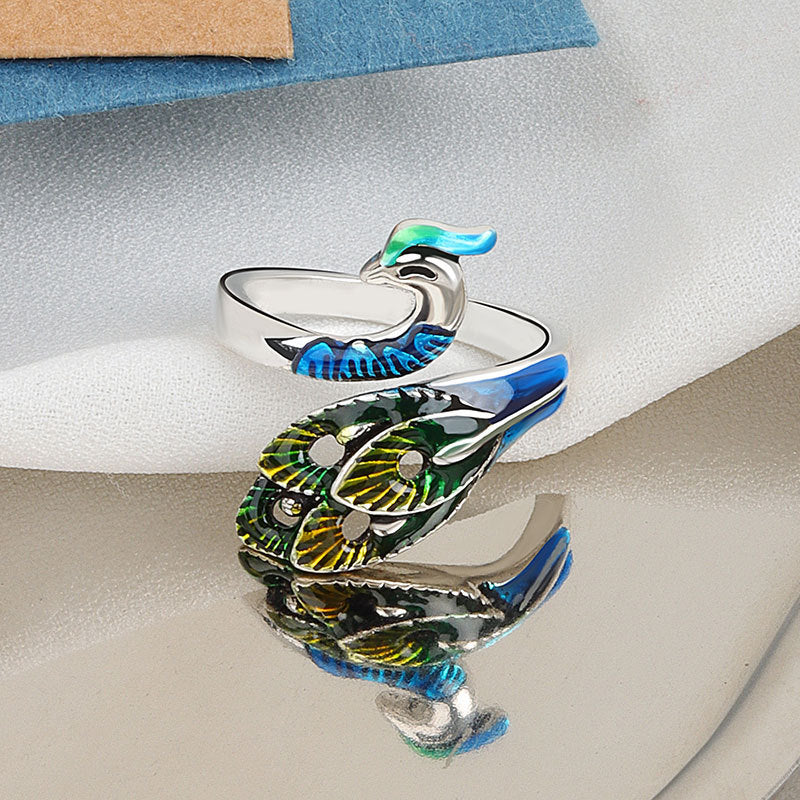 Womens Adjustable Copper Ring Peacock Inlaid Gem Electroplated Retro Design Ring For Women With Colorful Gem Inlays