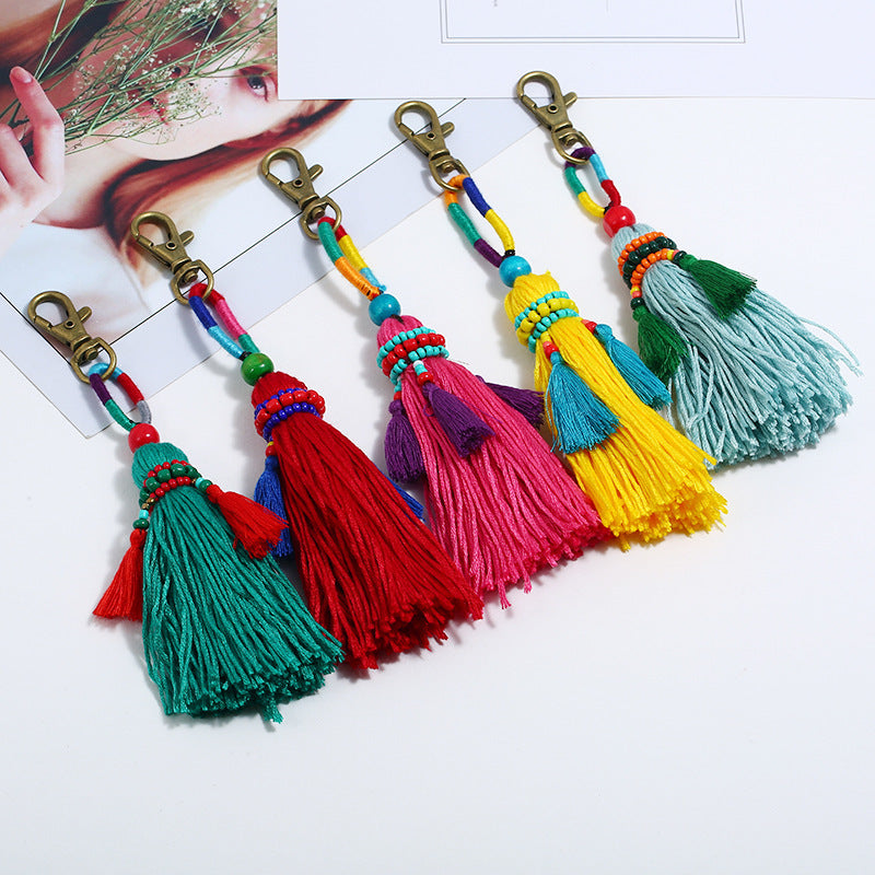 Handmade Beaded Keychain Bohemian Woven Tassel Pendant For Diys Decor Accessory Colorful Cotton Thread Keyring