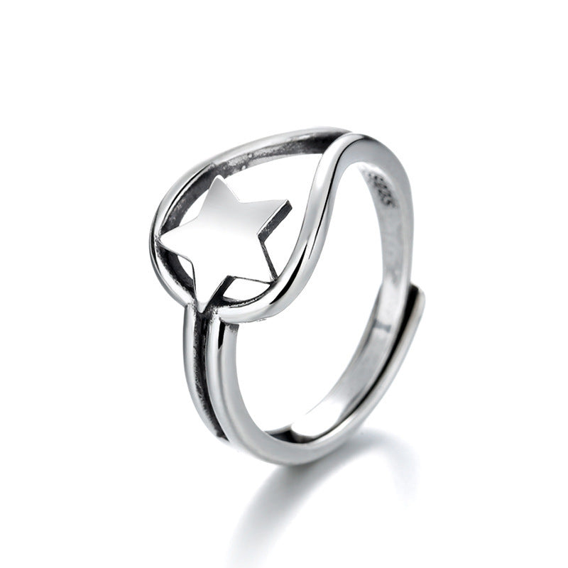 Creative Sterling Silver Ring Adjustable Open Heart Ring for Women and Men Unisex Silver 925 Ring Fashion Five-Pointed Star Ring Anniversary Gift