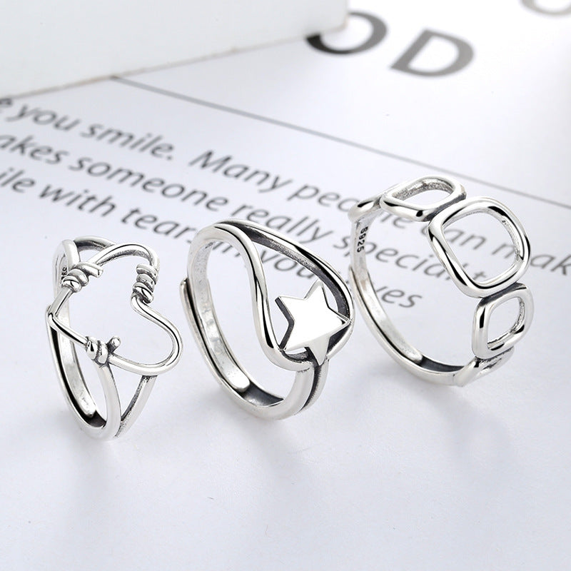Creative Sterling Silver Ring Adjustable Open Heart Ring for Women and Men Unisex Silver 925 Ring Fashion Five-Pointed Star Ring Anniversary Gift