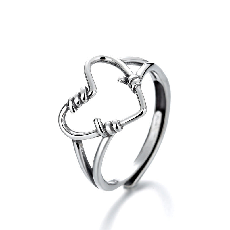 Creative Sterling Silver Ring Adjustable Open Heart Ring for Women and Men Unisex Silver 925 Ring Fashion Five-Pointed Star Ring Anniversary Gift