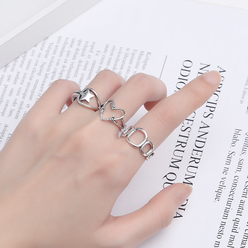 Creative Sterling Silver Ring Adjustable Open Heart Ring for Women and Men Unisex Silver 925 Ring Fashion Five-Pointed Star Ring Anniversary Gift