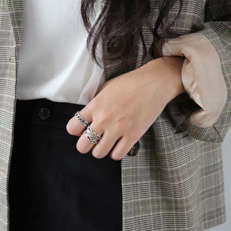 Unisex Ancient Silver Ring Distressed Double Ring Chain Adjustable Opening Fashion Ring Simple Retro Ring Ring