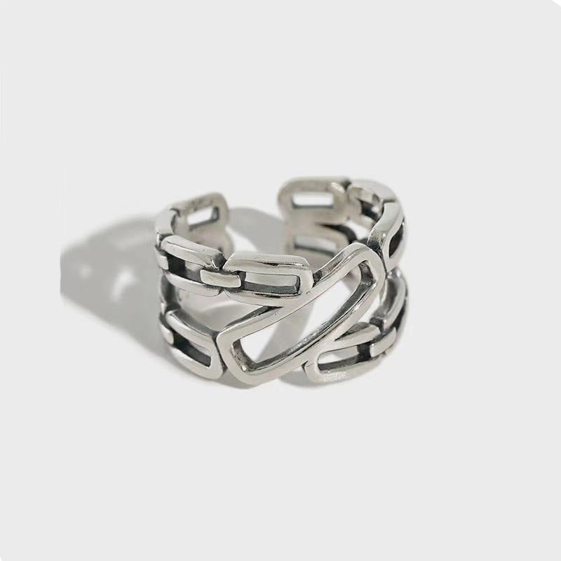 Unisex Ancient Silver Ring Distressed Double Ring Chain Adjustable Opening Fashion Ring Simple Retro Ring Ring