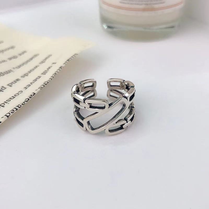 Unisex Ancient Silver Ring Distressed Double Ring Chain Adjustable Opening Fashion Ring Simple Retro Ring Ring