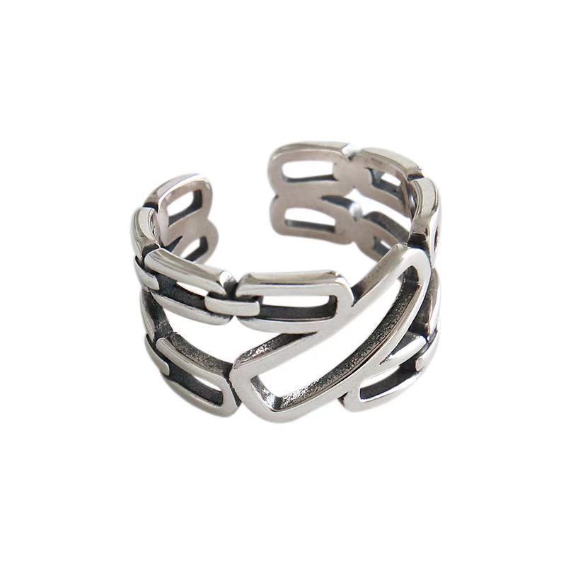 Unisex Ancient Silver Ring Distressed Double Ring Chain Adjustable Opening Fashion Ring Simple Retro Ring Ring