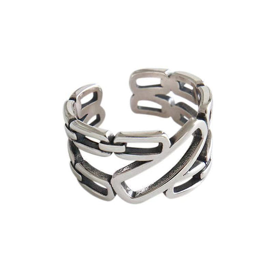 Unisex Ancient Silver Ring Distressed Double Ring Chain Adjustable Opening Fashion Ring Simple Retro Ring Ring