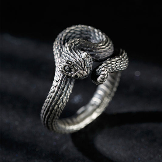 Copper Snake Ring Vintage Style Electroplated Jewelry Ancient Silver Finish Animal Design Statement Ring Women