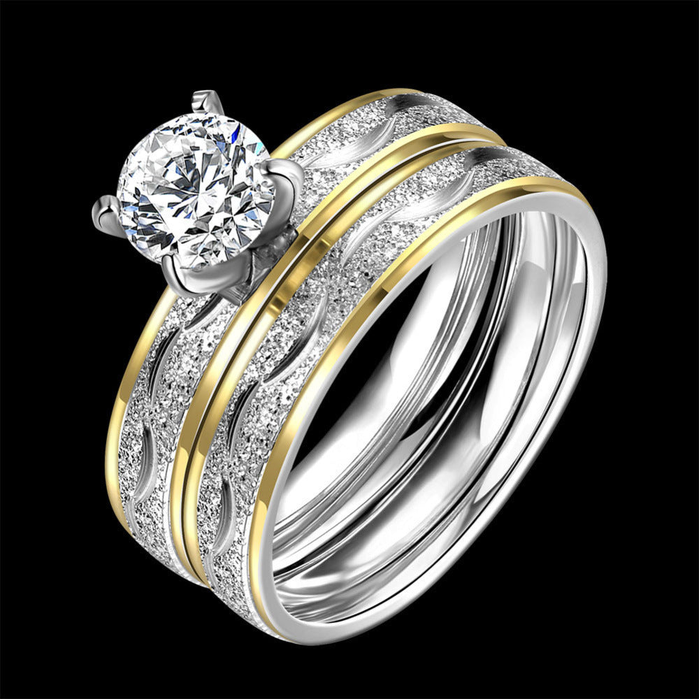 Womens Double Ring Zircon Dichroic Gold Plated Copper Jewelry Creative Design Elegant Statement Accessory Chic