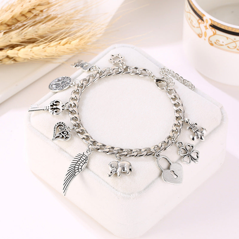 Womens Elephant Bracelet With Four Leaf Clover Charm Alloy Jewelry Silver Tone Pendant Elegant Everyday Access