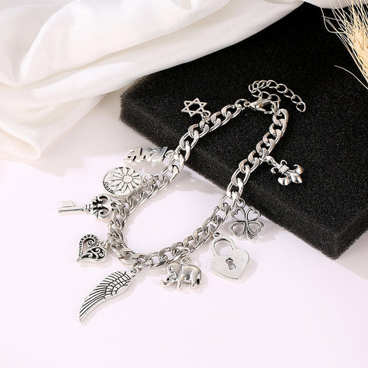 Womens Elephant Bracelet With Four Leaf Clover Charm Alloy Jewelry Silver Tone Pendant Elegant Everyday Access